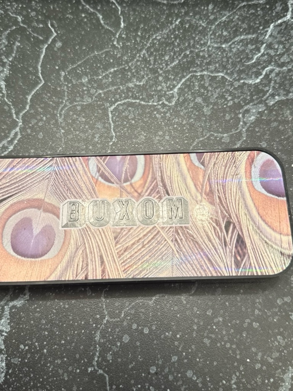 BUXOM Eyeshadow Palette Tin with Purple and Tan Peacock Feather Design